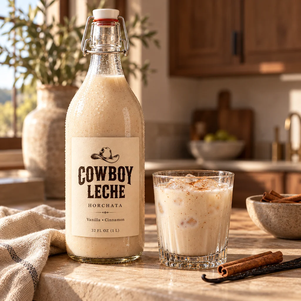 Concept preview of a Cowboy Leche bottle and a glass of vanilla-cinnamon horchata on a warm kitchen counter.