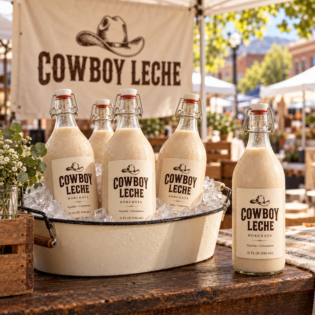 Concept preview of chilled Cowboy Leche bottles in an ice-filled tub at an outdoor market stand.