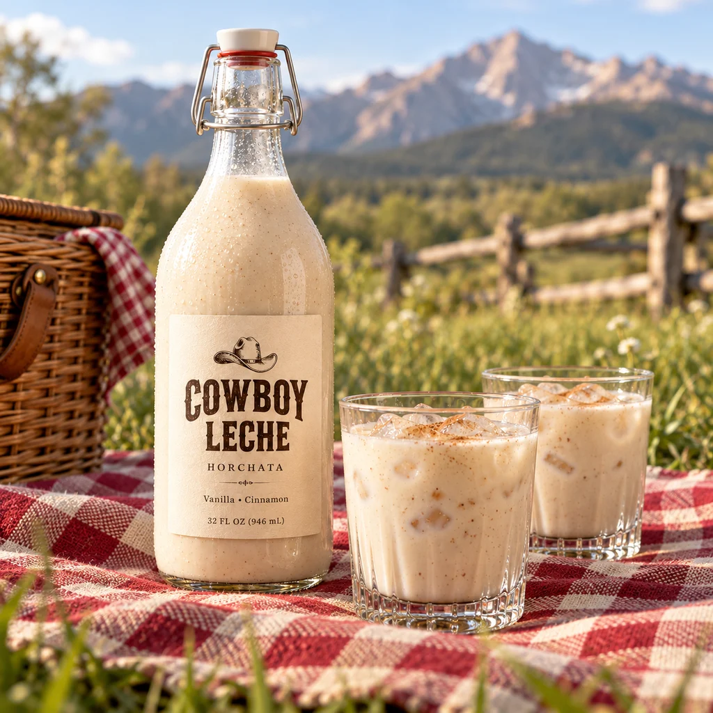 Concept preview of a Cowboy Leche bottle and two glasses of horchata over ice on a picnic blanket in a mountain meadow.