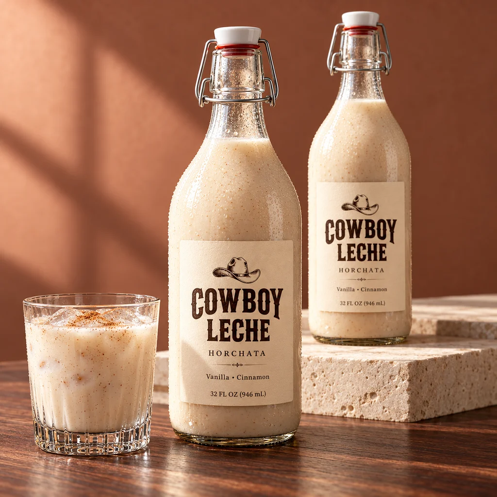 Concept preview of Cowboy Leche horchata in swing-top bottles beside a glass over ice in a warm studio setting.
